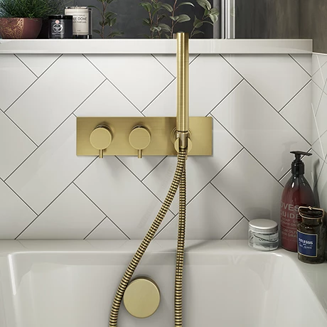 Arezzo Brushed Brass Round Concealed Thermostatic Shower Valve w. Handset + Freeflow Bath Filler 3 Arezzo Brushed Brass Round Concealed Thermostatic Shower Valve w. Handset + Freeflow Bath Filler