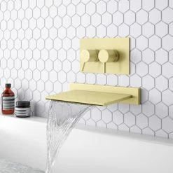 Arezzo Brushed Brass Wall Mounted Slimline Waterfall Bath Filler + Concealed Thermostatic Valve